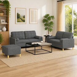 3 Piece Sofa Set in Grey Fabric with Footstool and Pillows