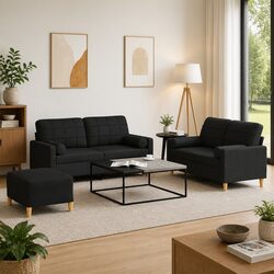 Durable 3 Piece Sofa Set in Black Fabric with Accessories