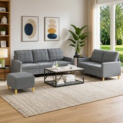 3 Piece Grey Fabric Sofa Set with Armchair and Footstool