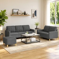 3 Piece Sofa Set with Footstool in Grey Fabric