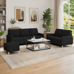 3-Piece Sofa Set with Cushions and Footstool in Black