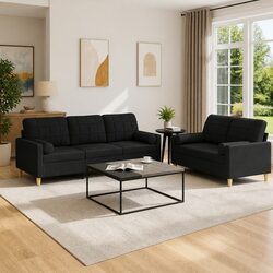 2 Piece Black Fabric Sofa Set with Roll Pillows