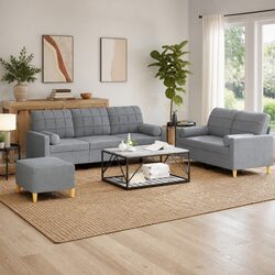 3 Piece Grey Sofa Set with Footstool and Roll Pillows