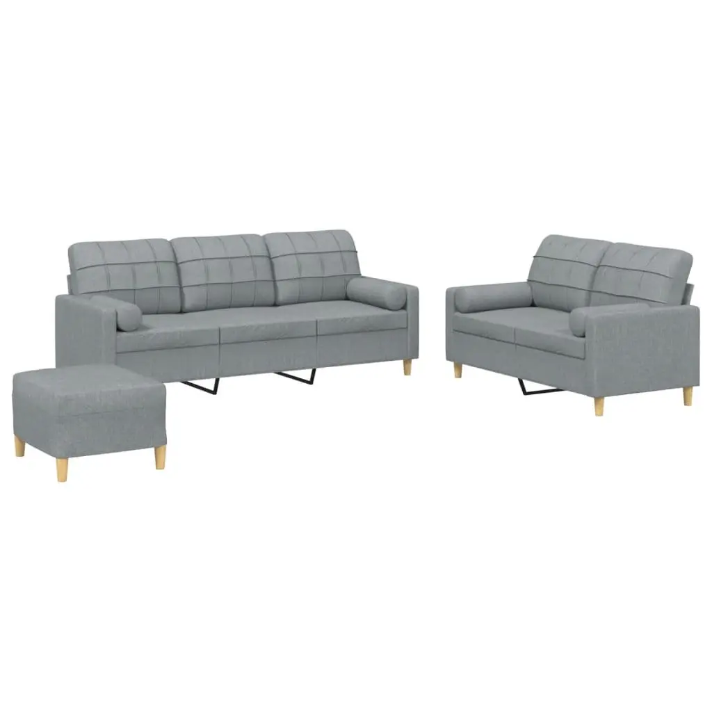Sofa Set with Roll Pillows Footstool Compact Grey Fabric