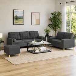 3 Piece Grey Fabric Sofa Set with Durable Construction