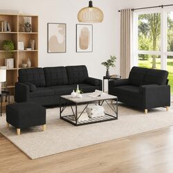 3 Piece Black Fabric Sofa Set with Footstool and Pillows