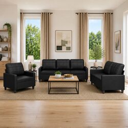 3 Piece Sofa Set in Black Faux Leather Construction