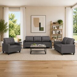 3 Piece Grey Sofa Set with Durable Faux Leather