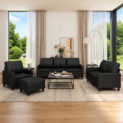 Durable 4-Piece Sofa Set in Black Faux Leather