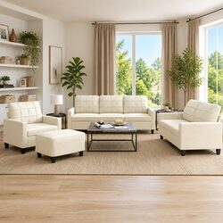4 Piece Sofa Set in Cream Faux Leather