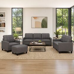 4 Piece Sofa Set in Grey Faux Leather with Footstool