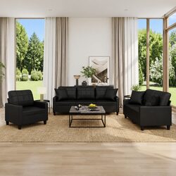Black Faux Leather 3-Piece Sofa Set with Throw Pillows