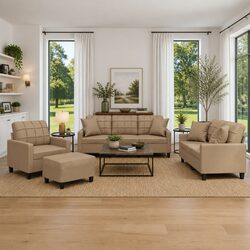 4-Piece Sofa Set with Brown Faux Leather Upholstery
