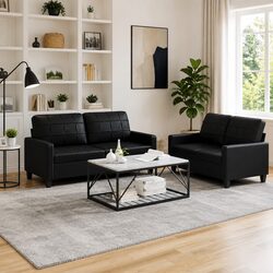 2 Piece Sofa Set in Black Faux Leather with Cushions