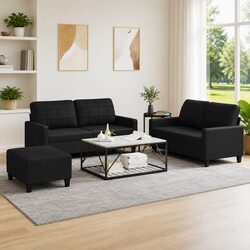 3 Piece Sofa Set with Footstool - Black Faux Leather