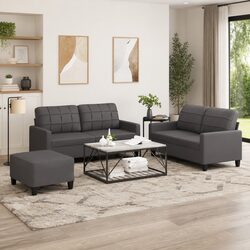 3 Piece Grey Sofa Set with Footstool and Cushions