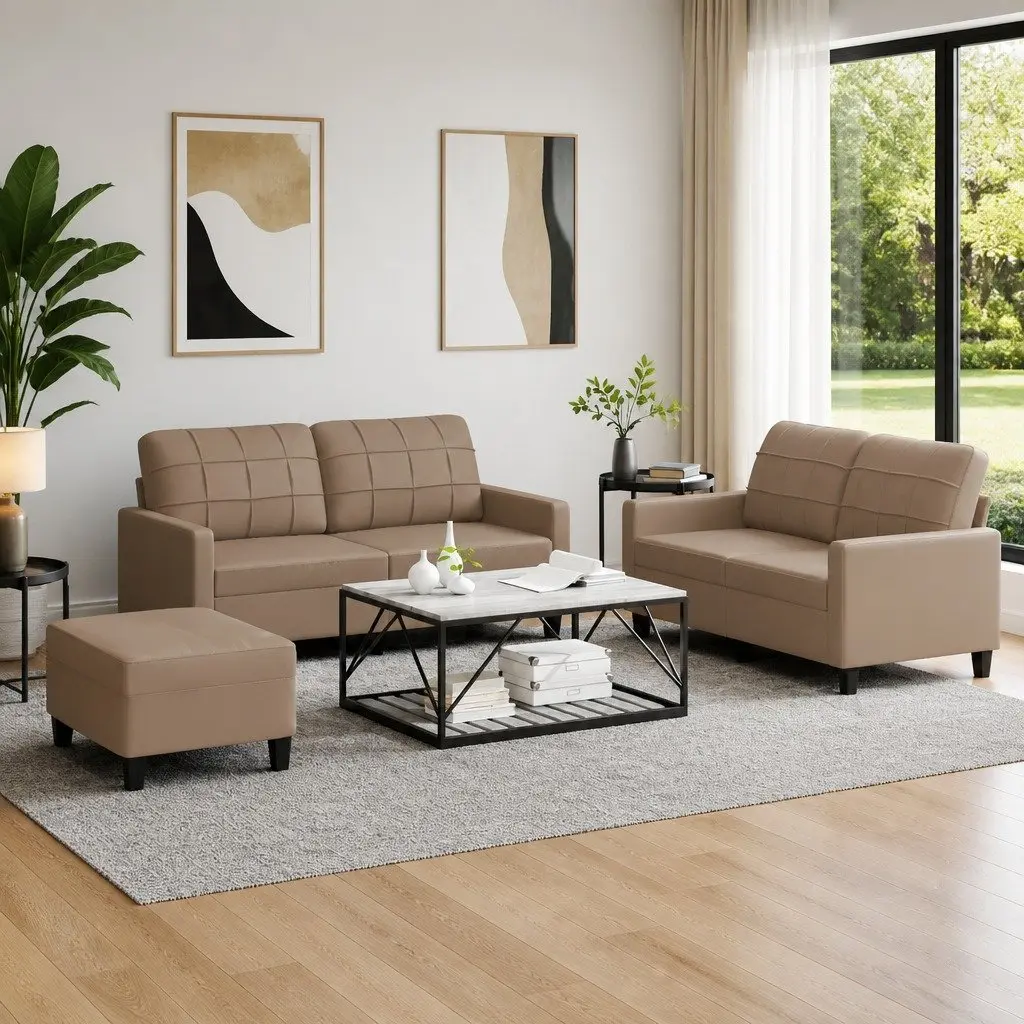 3 Piece Sofa Set with Footstool Brown Faux Leather Lounge Couch Living Room
