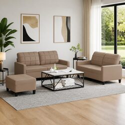 3 Piece Brown Faux Leather Sofa Set with Footstool