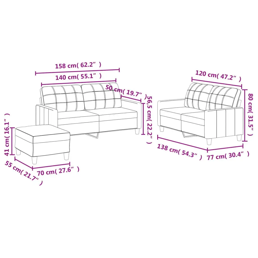 3 Piece Sofa Set with Footstool Brown Faux Leather Lounge Couch Living Room