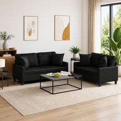 Black Faux Leather 2 Piece Sofa Set with Throw Pillows