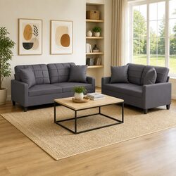 2 Piece Grey Sofa Set in Faux Leather with Cushions
