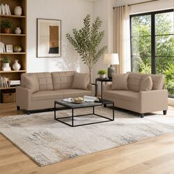 2 Piece Sofa Set with Brown Faux Leather Upholstery