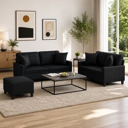 3 Piece Sofa Set with Black Faux Leather and Footstool
