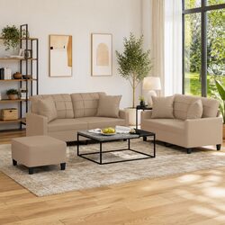 3 Piece Sofa Set with Footstool and Pillows in Brown