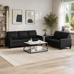 2 Piece Sofa Set in Black Faux Leather with Cushions