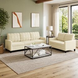 2 Piece Sofa Set in Cream Faux Leather