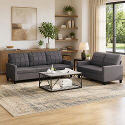 2 Piece Sofa Set in Grey Faux Leather with Cushions