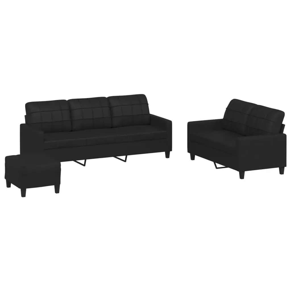 3 Piece Sofa Set with Footstool Cushions Black Faux Leather Living Room