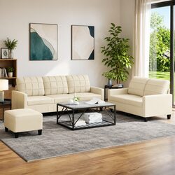 3 Piece Sofa Set with Footstool in Cream Faux Leather