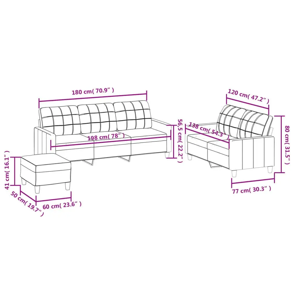 3 Piece Sofa Set with Footstool Cushions Living Room Furniture Cream Lounge