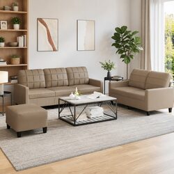 3 Piece Sofa Set in Brown Faux Leather with Footstool