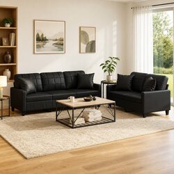 2 Piece Sofa Set in Black Faux Leather with Cushions
