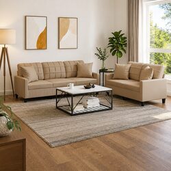 2 Piece Sofa Set: Brown Faux Leather with Throw Pillows
