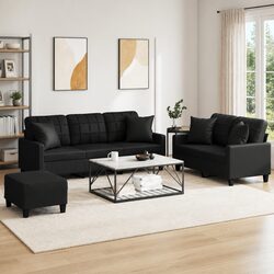 3 Piece Sofa Set in Black Faux Leather with Footstool