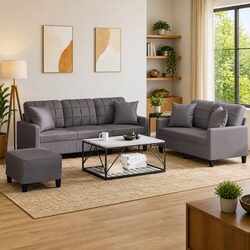 Grey Faux Leather 3 Piece Sofa Set with Footstool
