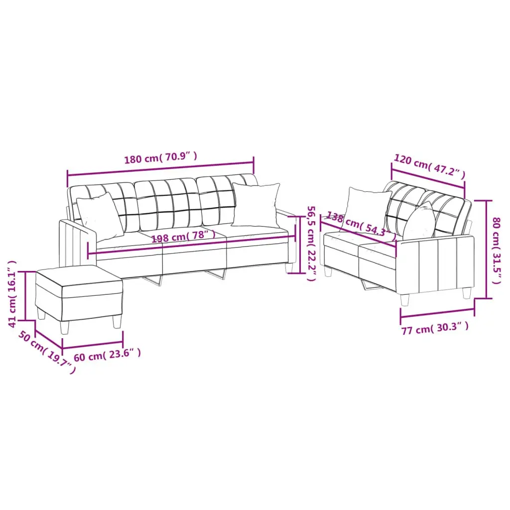 3 Piece Sofa Set Grey Faux Leather Couch with Pillows and Footstool Living Room
