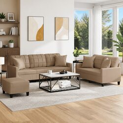 3 Piece Sofa Set with Footstool and Throw Pillows, Brown
