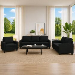 3 Piece Black Faux Leather Sectional Couch Set