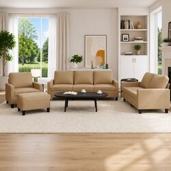 4 Piece Sofa Set in Brown Faux Leather with Footstool