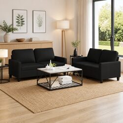2 Piece Sofa Set in Black Faux Leather with Modern Design