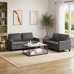 2 Piece Sofa Set in Grey Faux Leather with Cushions
