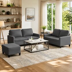 3 Piece Grey Sofa Set with Footstool in Faux Leather