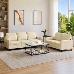 2 Piece Sofa Set in Cream Faux Leather with Cushions