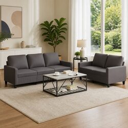 2 Piece Grey Faux Leather Sofa Set with Cushions