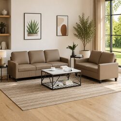 2 Piece Sofa Set in Brown Faux Leather with Cushions