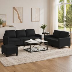 3 Piece Sofa Set in Black Faux Leather with Footstool